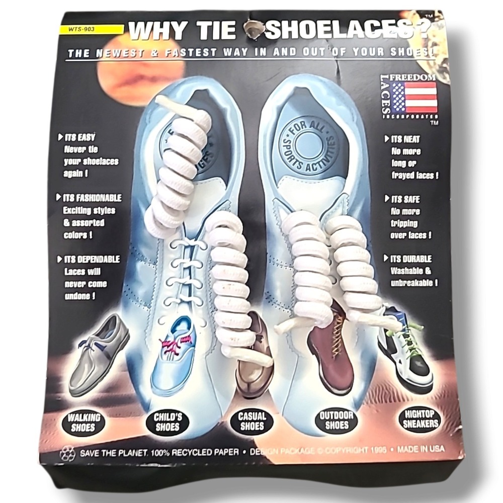 Vintage 1995 Freedom Laces Why Tie Shoe Laces No-Tie Curly Coil White USA
